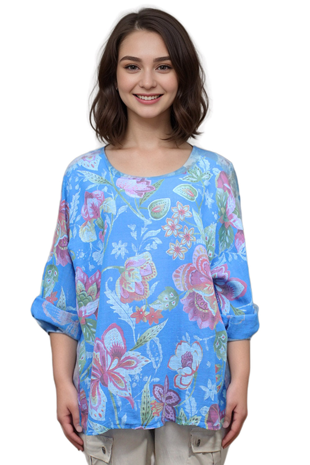 Water Lily Print three quarter sleeved Cotton Top